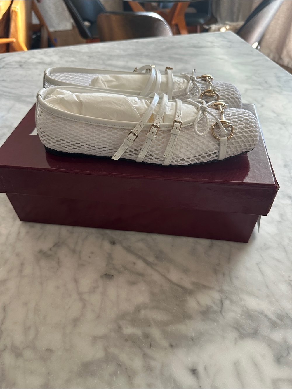 Gucci White Mesh Ballet Flats with Gold Horsebit Hardware size 37 NWT - Picture 1 of 5